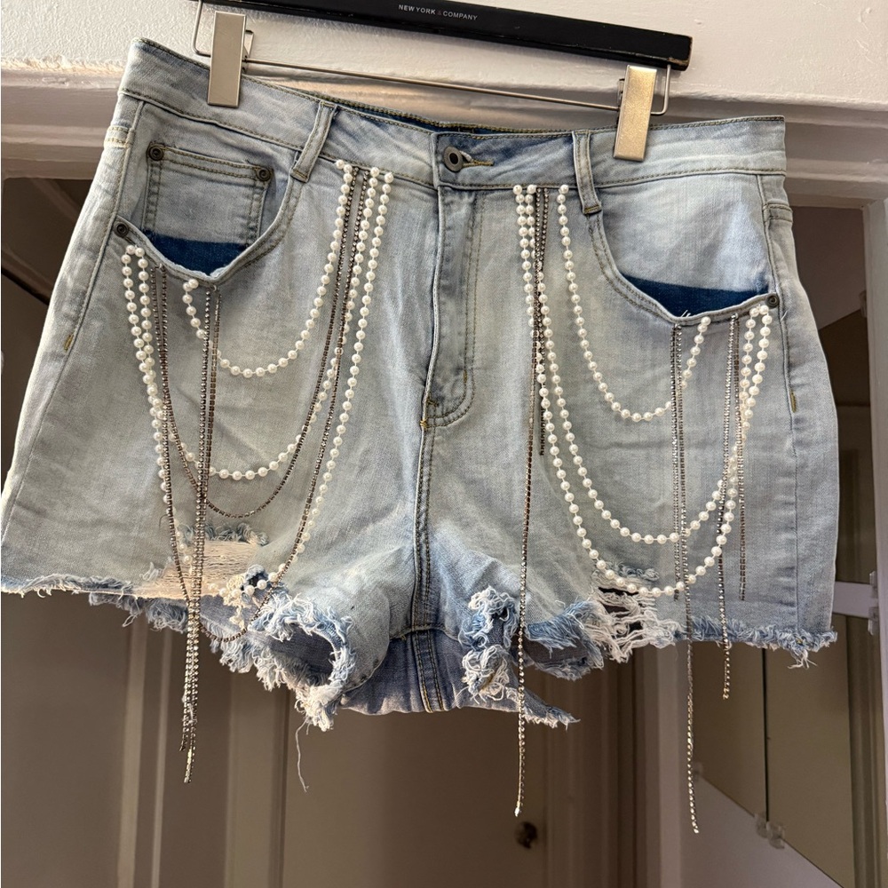 Fashion Nova Light Blue Jean Shorts with Pearl Chains